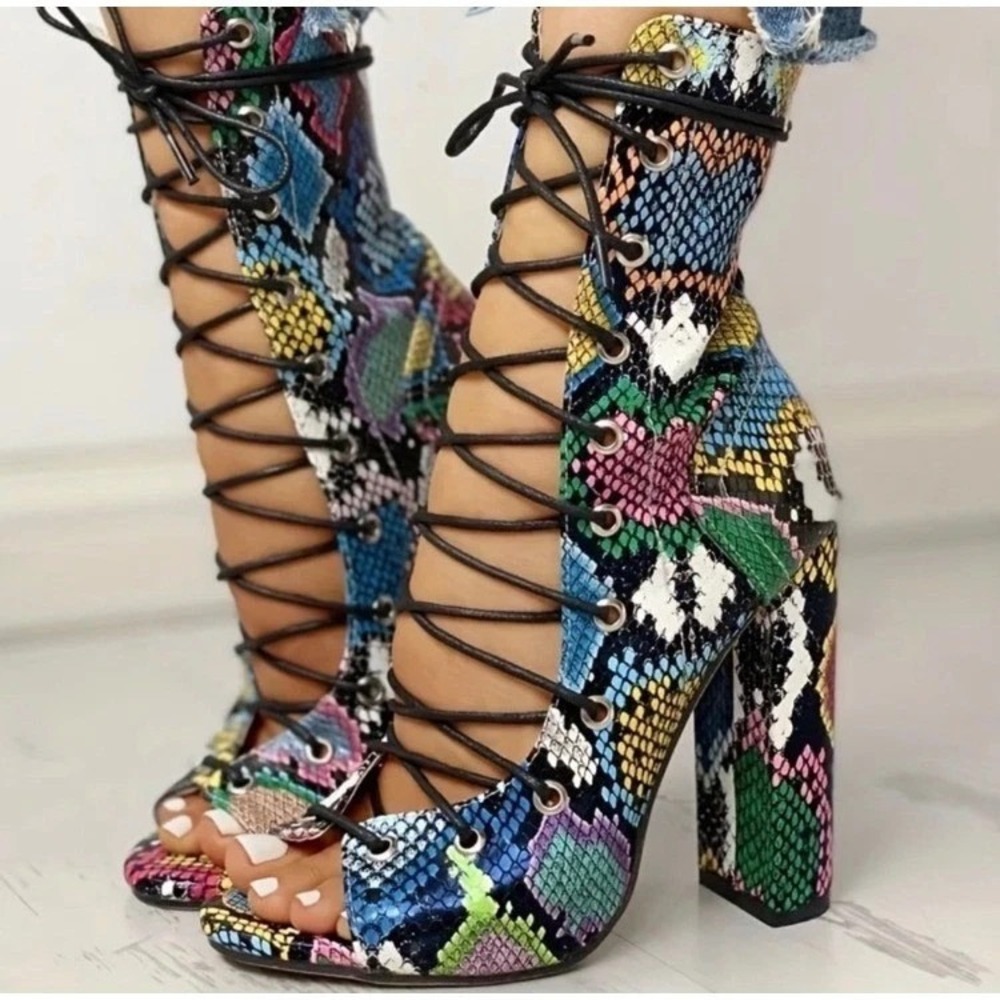 Snakeskin Print Lace-Up Chunky Heel Sandals Wmn 8.5 Multicolor Open Toe 40 L 8-9